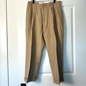 Polo Ralph Lauren (35x32) Tan Herringbone Pleated Front Trousers in Linen/Cotton
